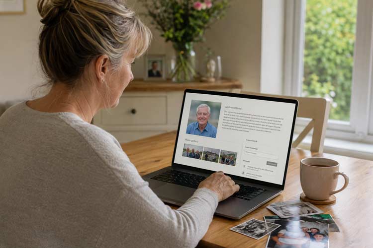 Online memorials in Borough Green showing a family member adding photos, a life story and guestbook messages to a memorial page.