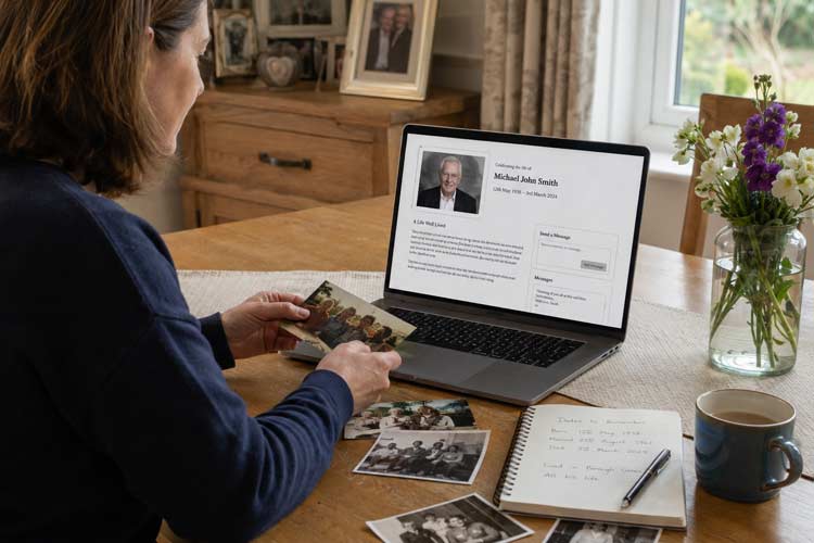 Online tribute creation in Borough Green showing family photos, key dates and a memorial page being prepared at home.