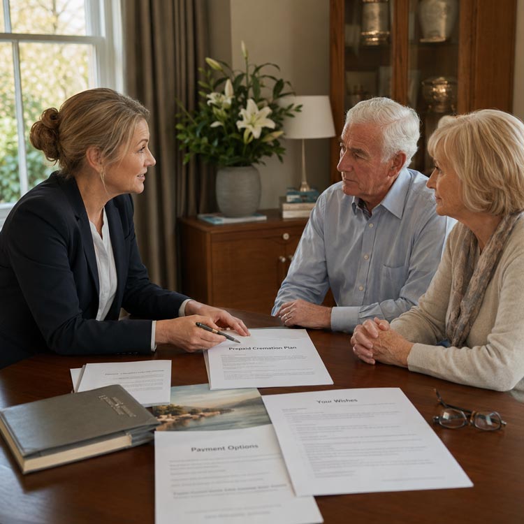 Prepaid cremation plans in Borough Green with a funeral arranger explaining FCA-regulated plan options and recorded wishes.
