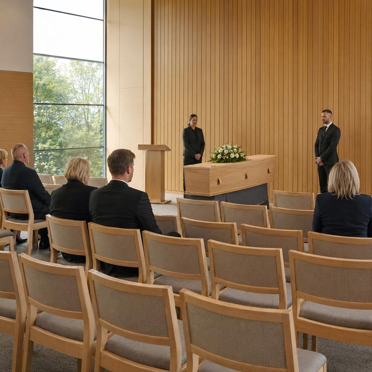 Simple cremation in Borough Green with family and friends attending a short crematorium service with a plain coffin and flowers.