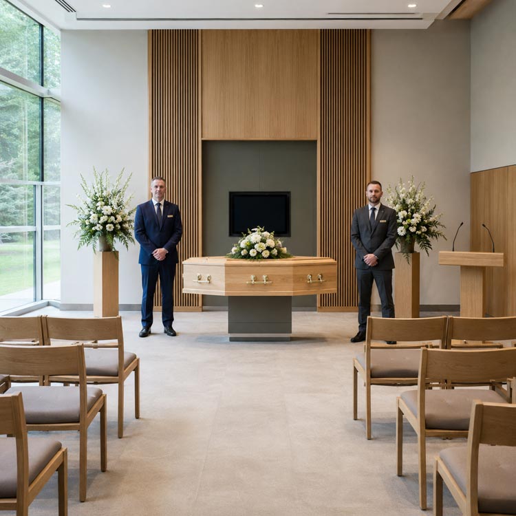 Unattended cremation in Borough Green with a coffin and two funeral directors in a quiet crematorium chapel with no mourners present.