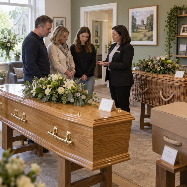 Family discussing coffin purchase options with a funeral arranger in Borough Green.