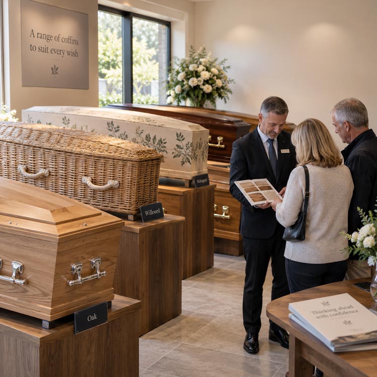 Family viewing a range of wood, wicker and personalised coffins with a funeral director in Borough Green.