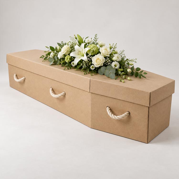 Natural kraft cardboard coffin with a white floral tribute available in Borough Green.