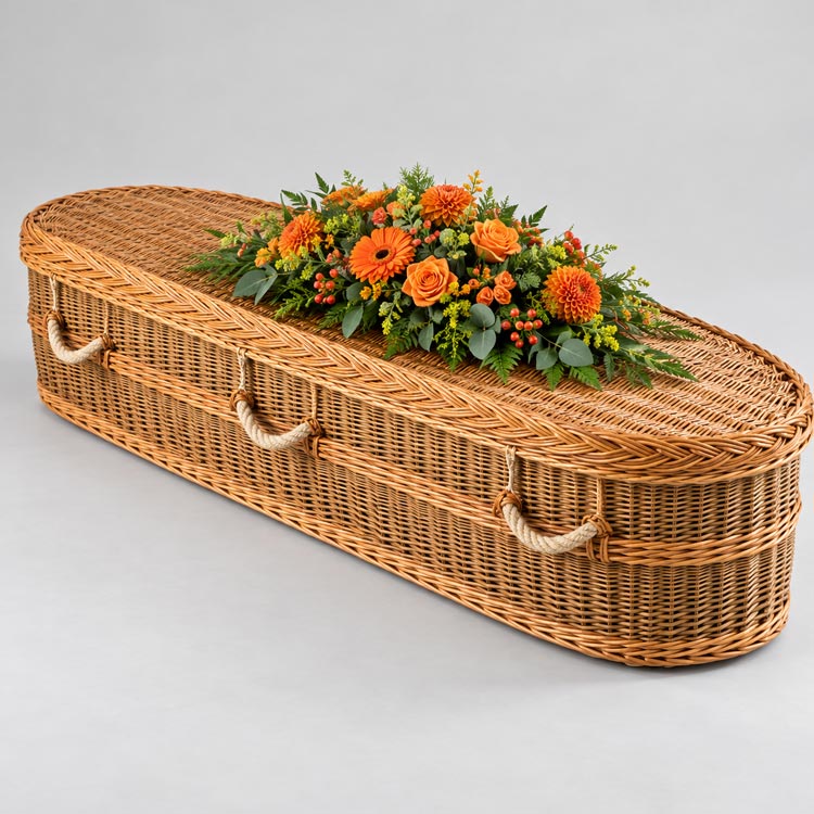 Natural wicker coffin with an orange floral tribute available in Borough Green.