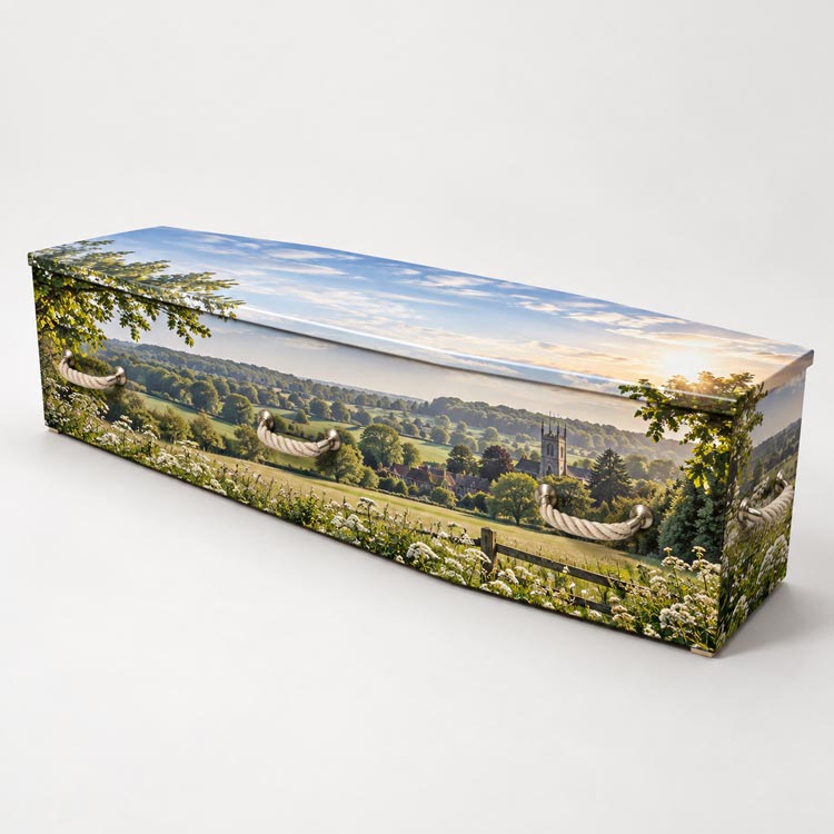 Personalised coffin with a printed countryside design available in Borough Green.