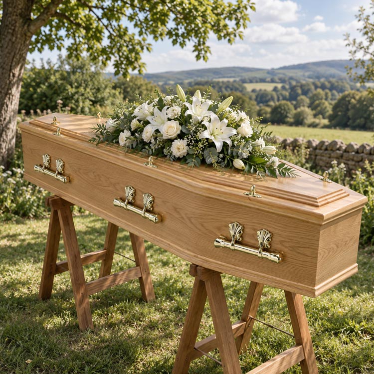 Traditional oak coffin with brass-effect fittings and a white floral tribute in Borough Green.