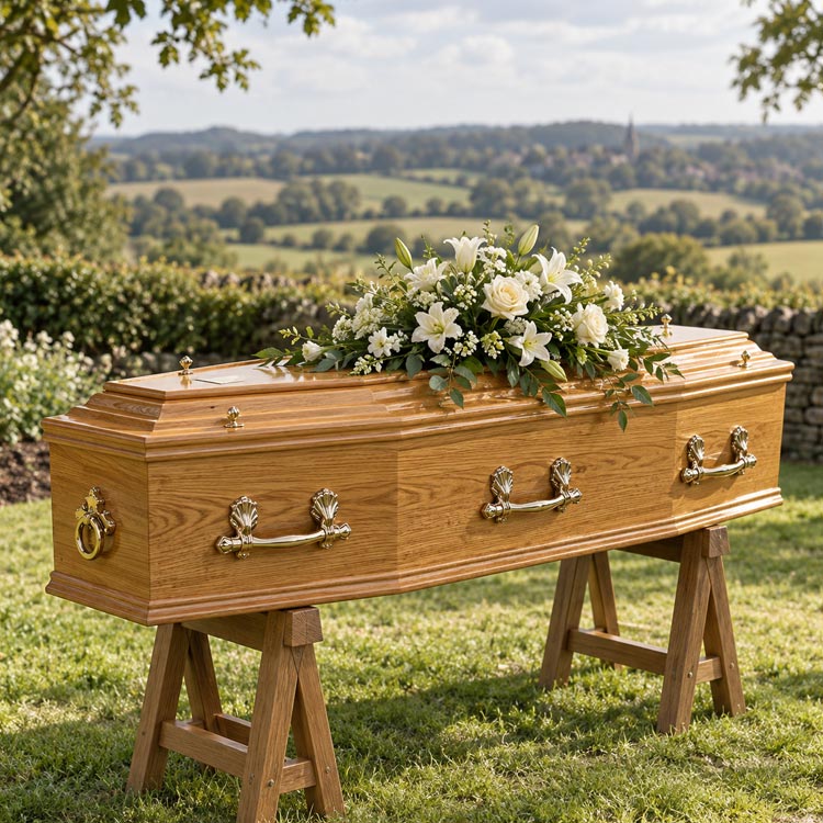 Traditional oak coffin with a white floral tribute in a countryside setting near Borough Green.